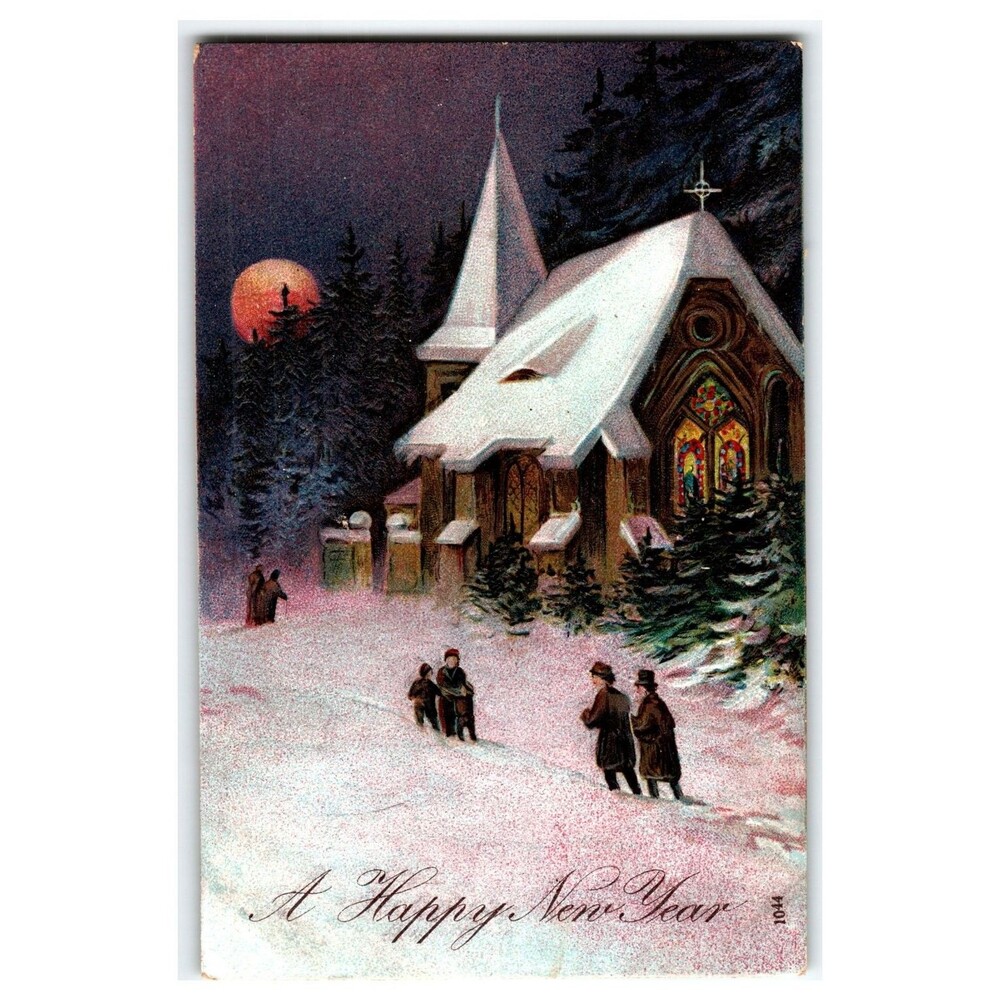Vintage New Year Postcard Winter Church Moonlit Scene Made in Germany